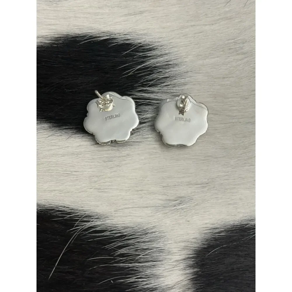 Native American Sterling Silver Mother Pearl Red Coral Cluster Flower Earrings